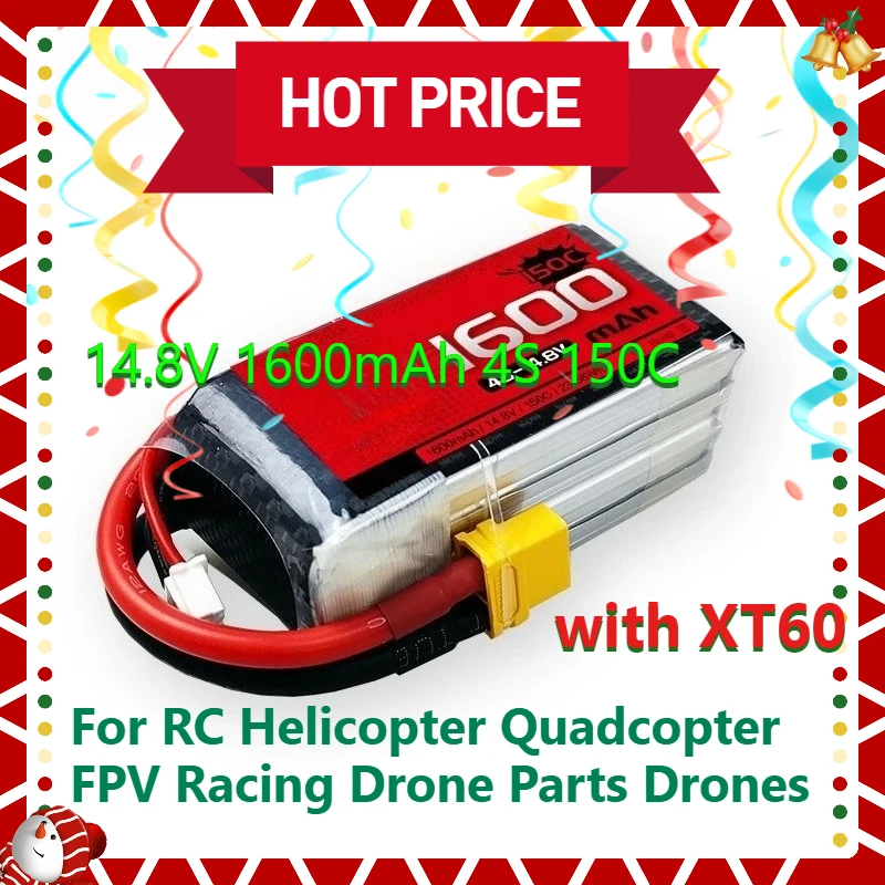 

14.8V 1600mAh 4S 150C Rechargeable LiPo Battery with XT60 for RC Helicopter Quadcopter FPV Racing Drone Parts Drones Battery