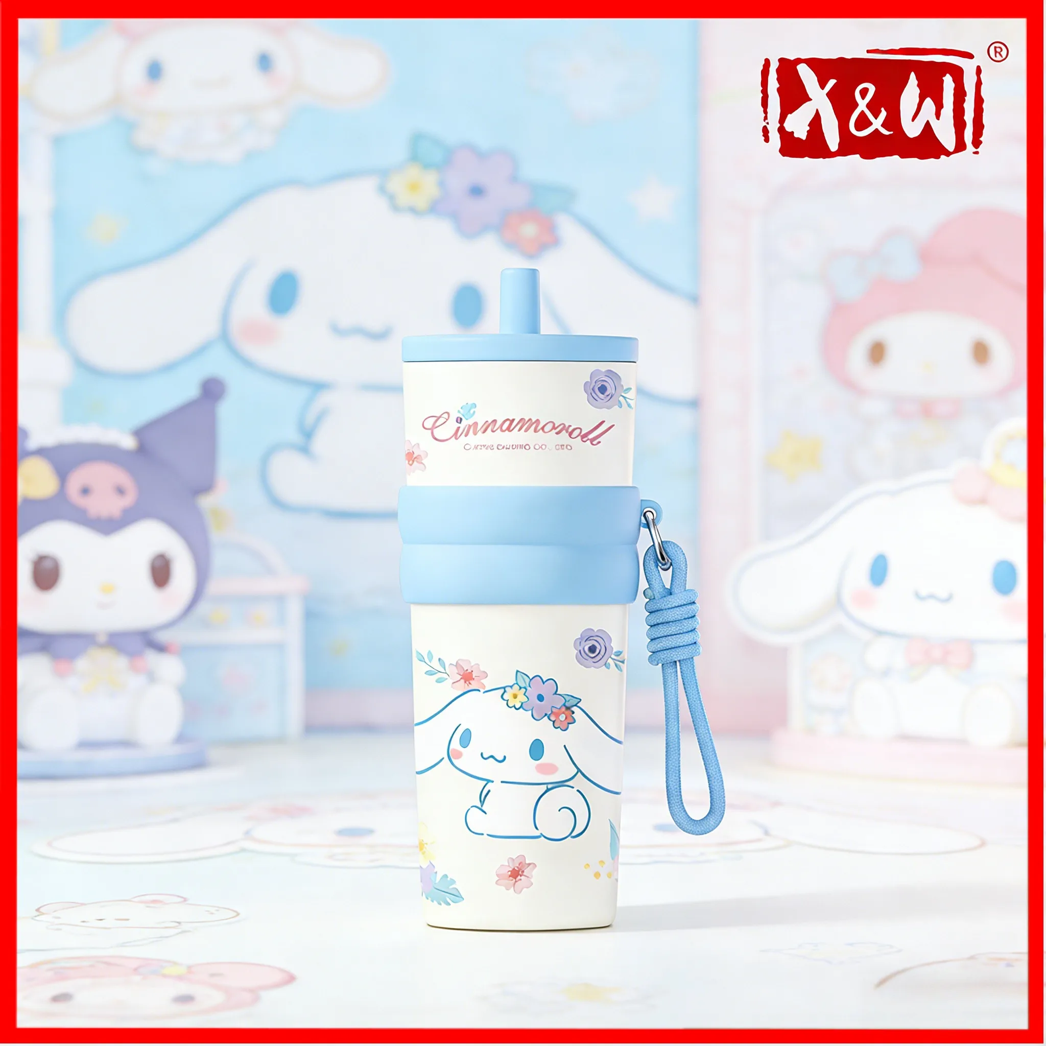X&W 720 ml Sanrio-Serie Stroh-Thermosbecher, 316/304 Edelstahl + PP-isolierter Becher mit Trageseil, Wasserflasche, exquisites Geschenk