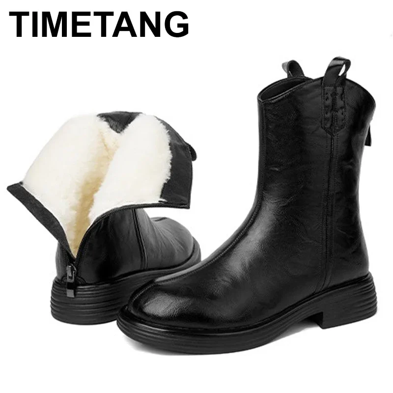 

2024 New Autumn/Winter Women Boots Round Toe Chunky Heel Boot Western Boots Zapatos De Mujer Mid-calf Boots genuine leather