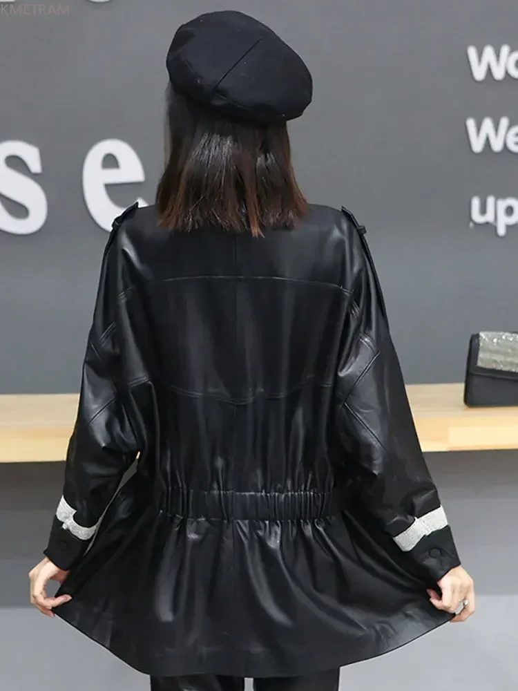 Genuine Sheepskin Leather Jacket Women Loose Leather Jackets for Women 2024 Real Leather Coat Mid-length Coats Korean Streetwear