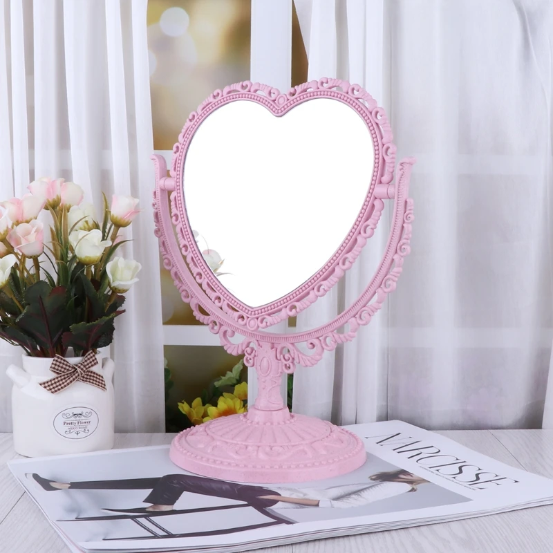 2Sides Heart-shaped Makeup Mirror Rotatable Stand Table Compact Mirror Dresser
