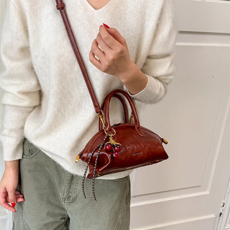 Women Retro PU Leather Handbag Cherry Charm Decor Dome Top‑handle Bag Crossbody Shoulder Purse Vintage Daily Casual Handbag