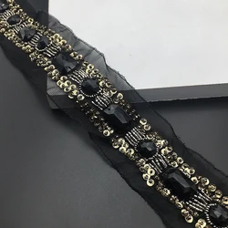 50cm perła zroszona koronka do wykańczania Rhinestone taśma koronkowa kołnierz do DIY szycie odzieży pas suknia ślubna cekinowa koronka materiały czarne