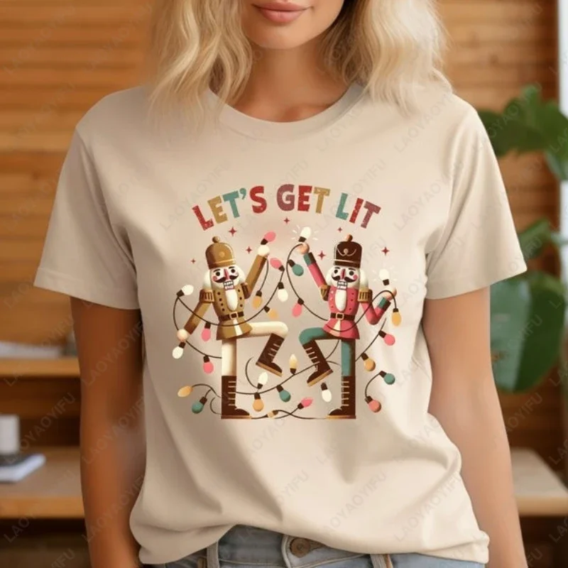 Retro Christmas Nutcracker Let's Get Lit Tshirt New Year Xmas Light Party Tees Winter Season Men Women Cotton Festival Cool Tops