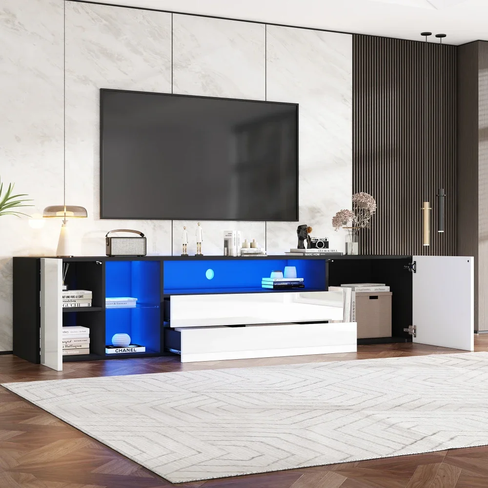 Hochglänzender LED-TV-Schrank mit niedrigem Board, TV-Ständer mit 2 Schubladen und 2 Schränken, für 75-Zoll-Fernseher, geteilter TV-Schrank in Schwarz und Weiß