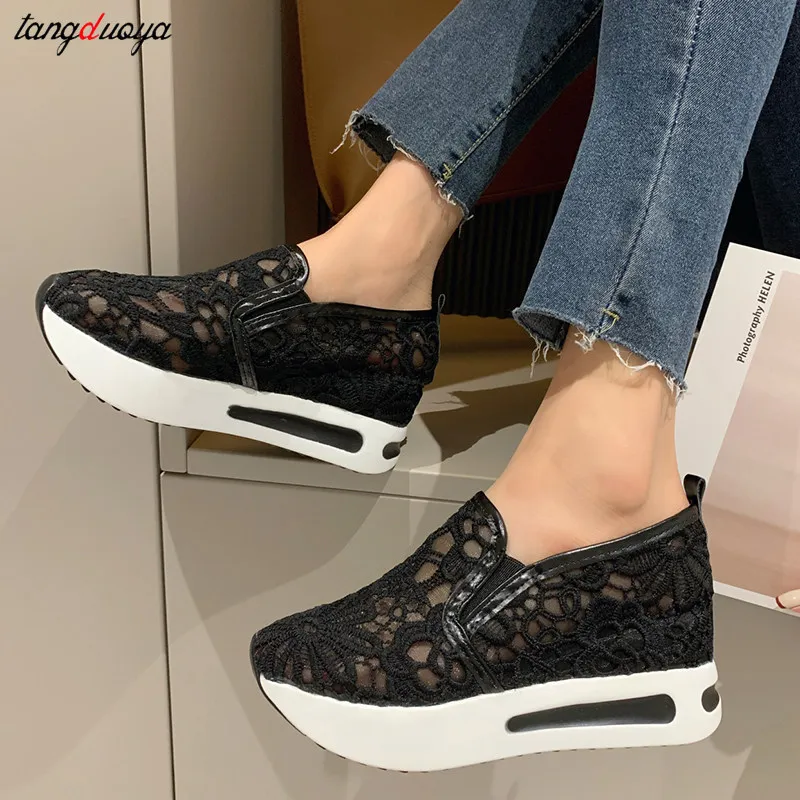 Lace Women Shoes 2024 Spring Summer Wedges Shoes for Women Black White Breathable Lace Flower Sneakers Women Loafers White