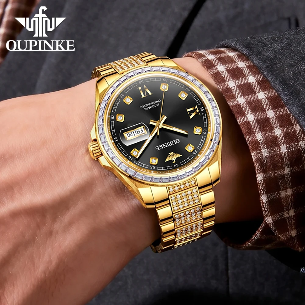 OUPINKE 3328 Automatic Mechanical Men's Wristwatch Golden Diamond Watch Stainless steel Waterproof Luminous Date Men's Watch