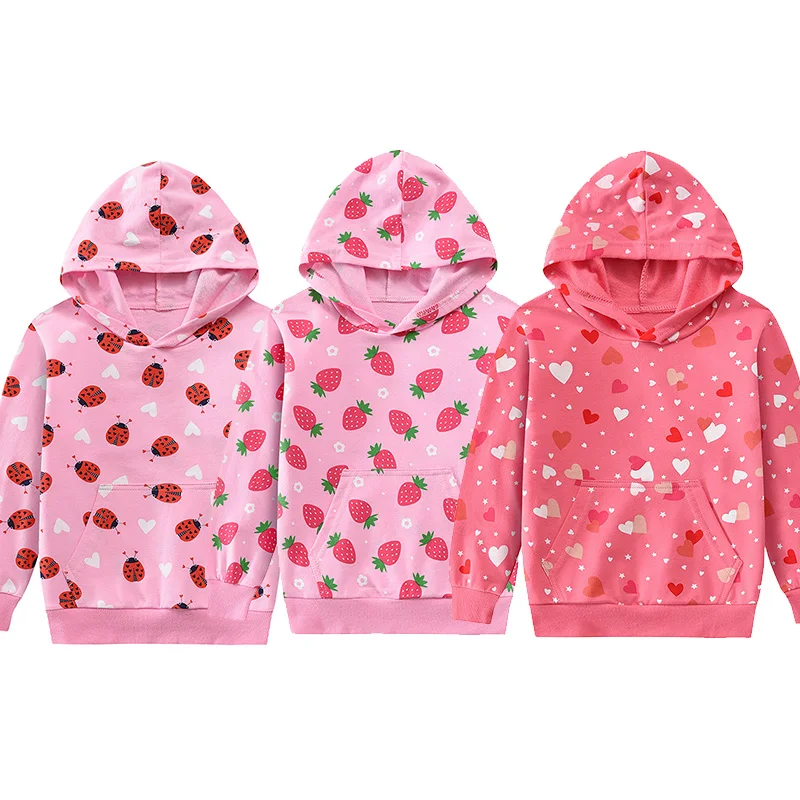 Little Hand Toddler Winter Hoodie Girls Cute Strawberry Ladybug Full Print Long Sleeve Pullover Kids Cotton Casual Outfit 2-7Y