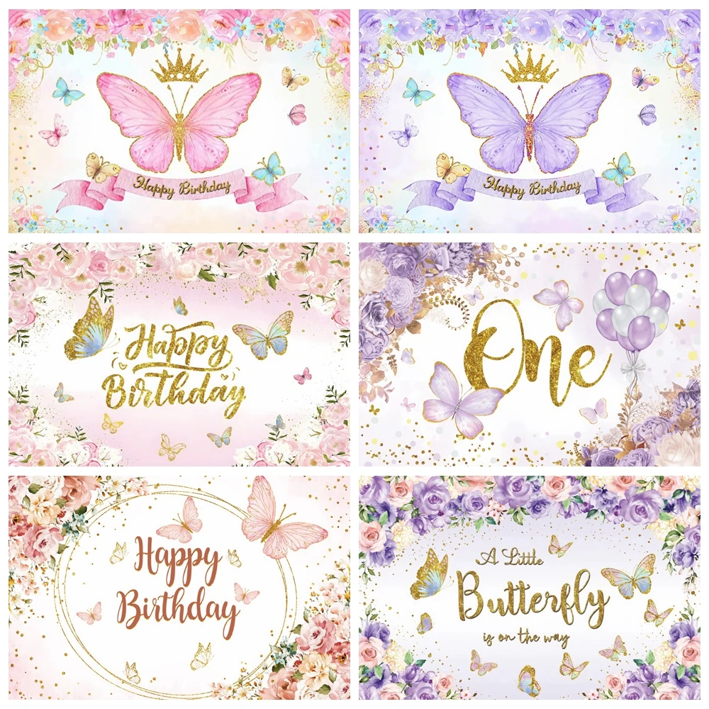 Butterfly Rainbow Flower Backdrop for Girls Princess 1st Birthday Party Newborn Baby Shower Photography Background Photo Studio