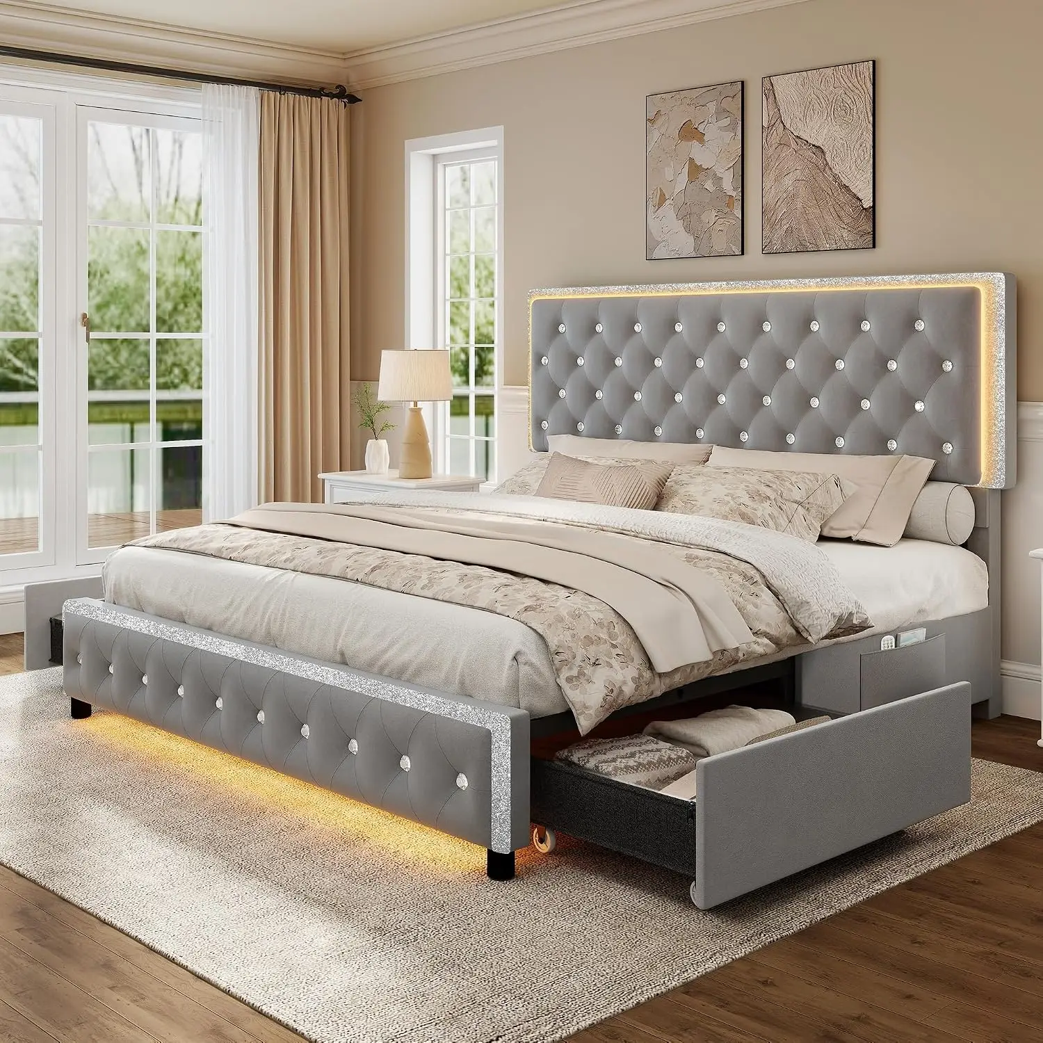 Queen LED Bed Frame with 2 Storage Drawers, Grey Velvet | Platform Beds with Diamond Tufted Upholstered Headboard,, Customized