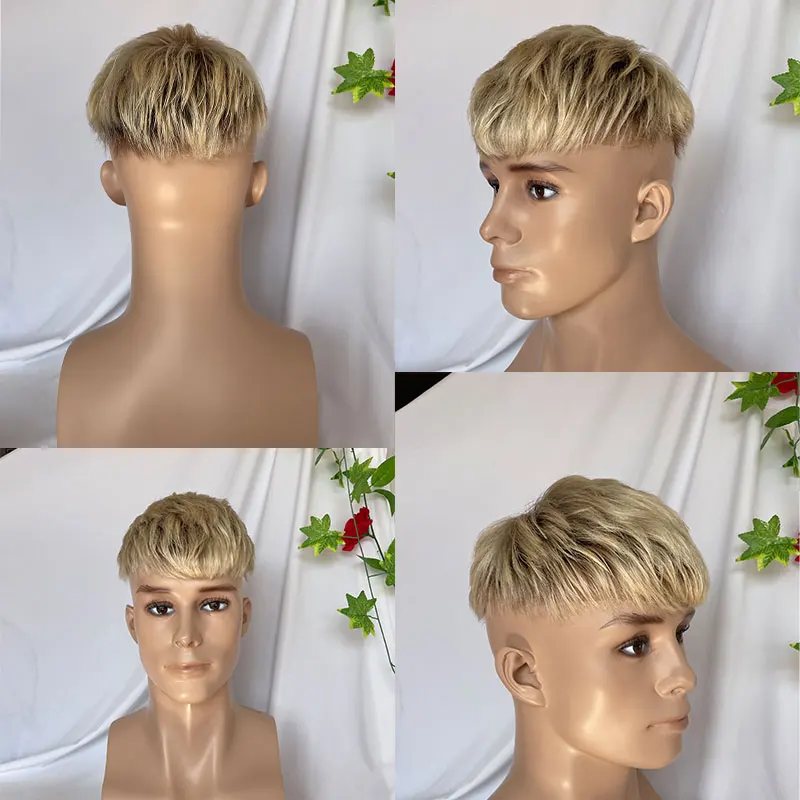 Men's 3Inch Cut Short Hair Toupée Human Hair Wig Swiss Lace Frontal PU Hairpieces 8x10 Omber 613# Color Systems Black Hairpiece