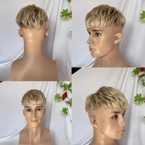 남성용 3 인치 컷 짧은 머리 Toupée 인모 가발, 스위스 레이스 정면 PU 헤어피스, 8x10 옴버 613 # 컬러 시스템 블랙 헤어피스