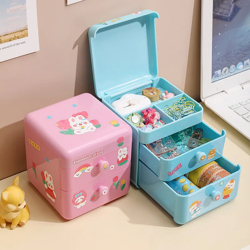 

Cute Creative Desktop Storage Boxes Organizer Student Desk Kawaii Stationery Storage Box Jewelry Flip with Drawer Organizer Box