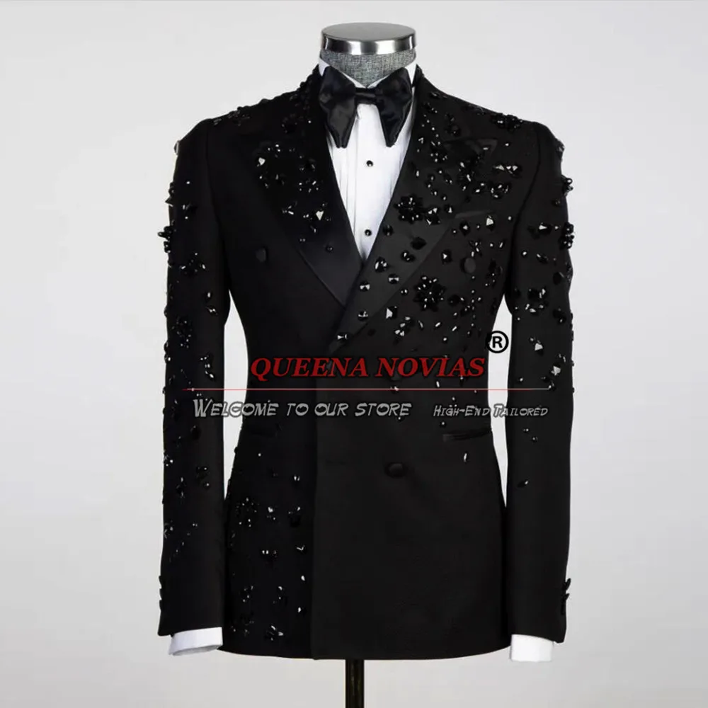 Groom Wear Men's Suits Formal Party Black Metal Beading Coat Pants 2 Pieces Formal Banquet Prom Wedding Tuxedo Tailor-Made Dress