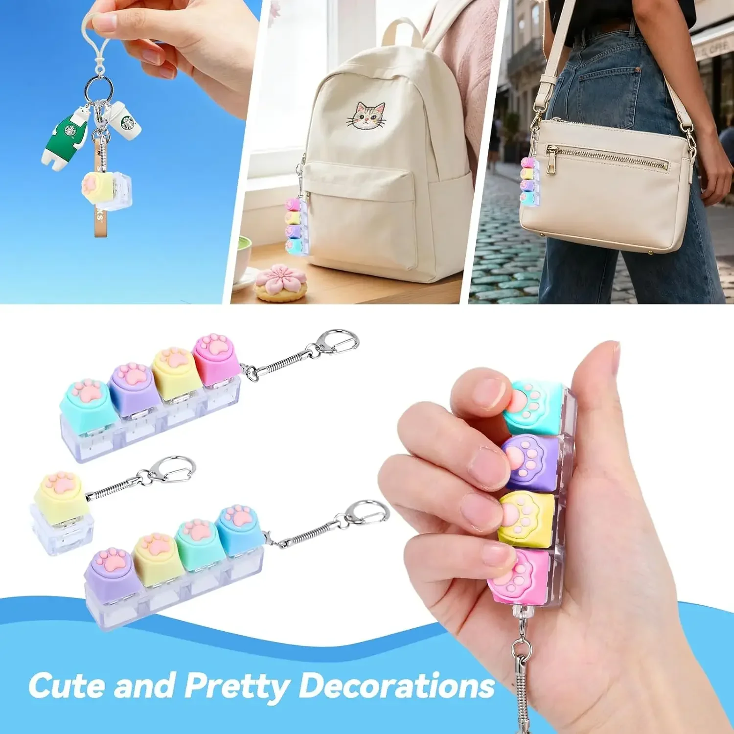 Glowing Silicone Cat Paw Click Keychain Light-Up Keyboard Button Stress Reliever Adorable Fidget Toy Keyring for Office Travel