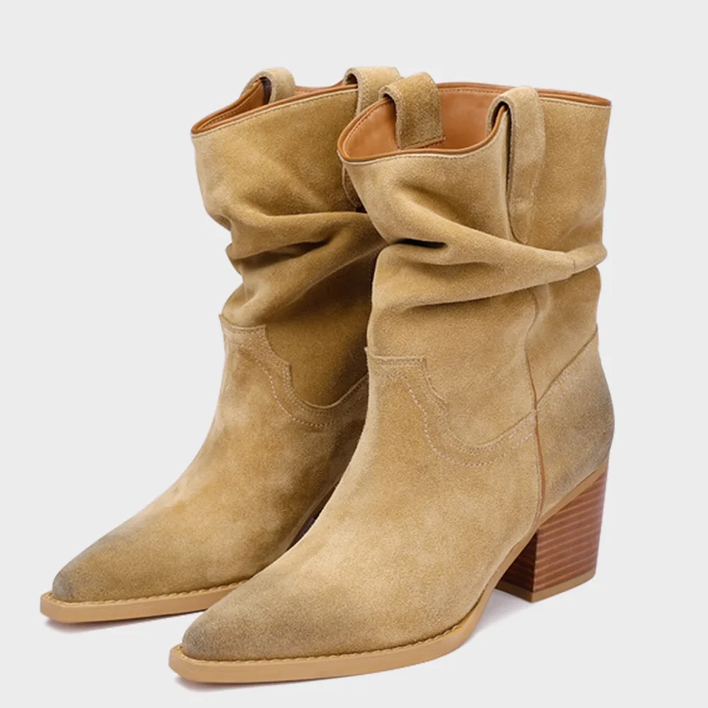 

Suede Pleated Slouchy Boots Sexy Pointed Toe Thick Heel Matte Leather New Arrivals Fashion Women Boots