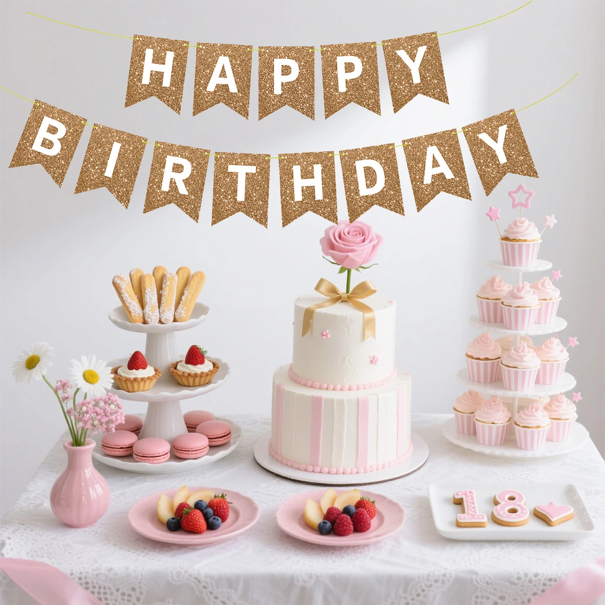 Happy Birthday Gold-Glitzer-Banner – Partydekorationen und Schild für Damen, Herren, Mädchen, Jungen | Zubehör für Geburtstagsparty – Detail 5