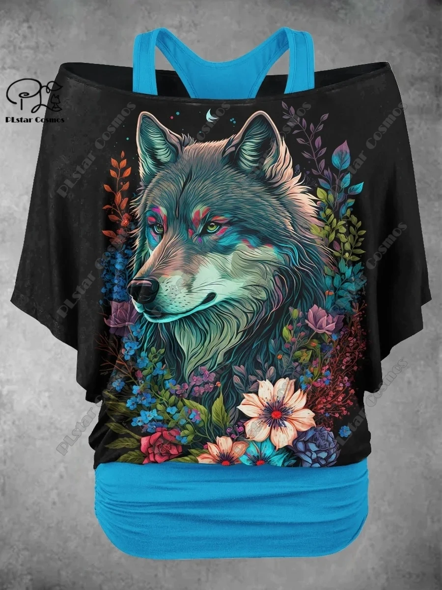 PLstar Cosmos 3D Printed Wolf King Pattern Fake Two-Piece Top Women's Casual T-Shirt Harajuku Streetwear Collection