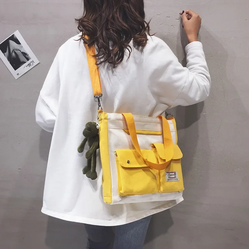 

Women's Double Pocket Canvas Fashion Trend Single Shoulder Bag with Lid Zipper Messenger Tote Student Tuition