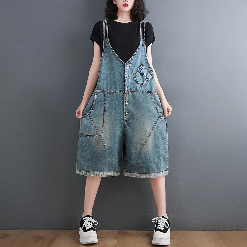 Loose Big Size Wide Leg Denim Overalls For Women Casual Oversized Summer Short Jumpsuits Baggy Bib Pants Straps Jeans Dungarees