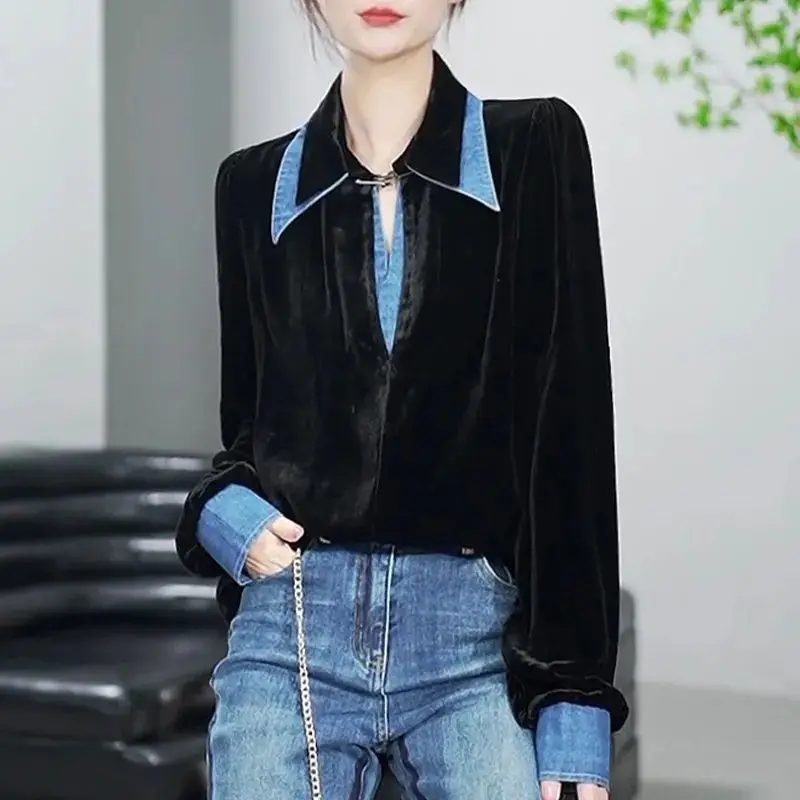

2024 Spring And Autumn New Cowboy Splicing Fake Two Piece Collar Shirt Design Velvet Shirt For Women