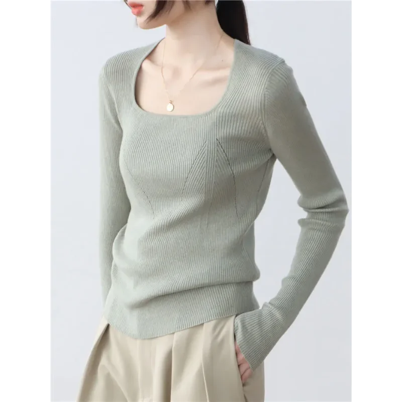 

Новая модная нижняя рубашка для женщин, однотонный свитер с квадратным вырезом и длинными рукавами, нижний топ