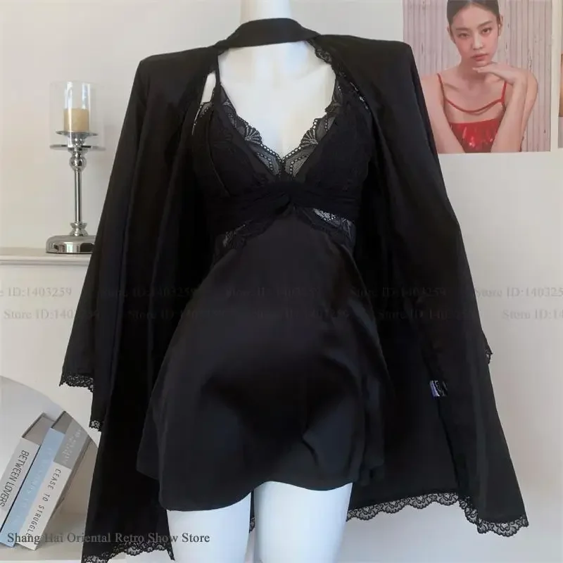 

Summer New Womens Sleepwear 2PCS Robe Nightgown Set Sexy Hollow Out Lace Nightdress Lingerie Loose Ice Silk Homewear Loungewear'