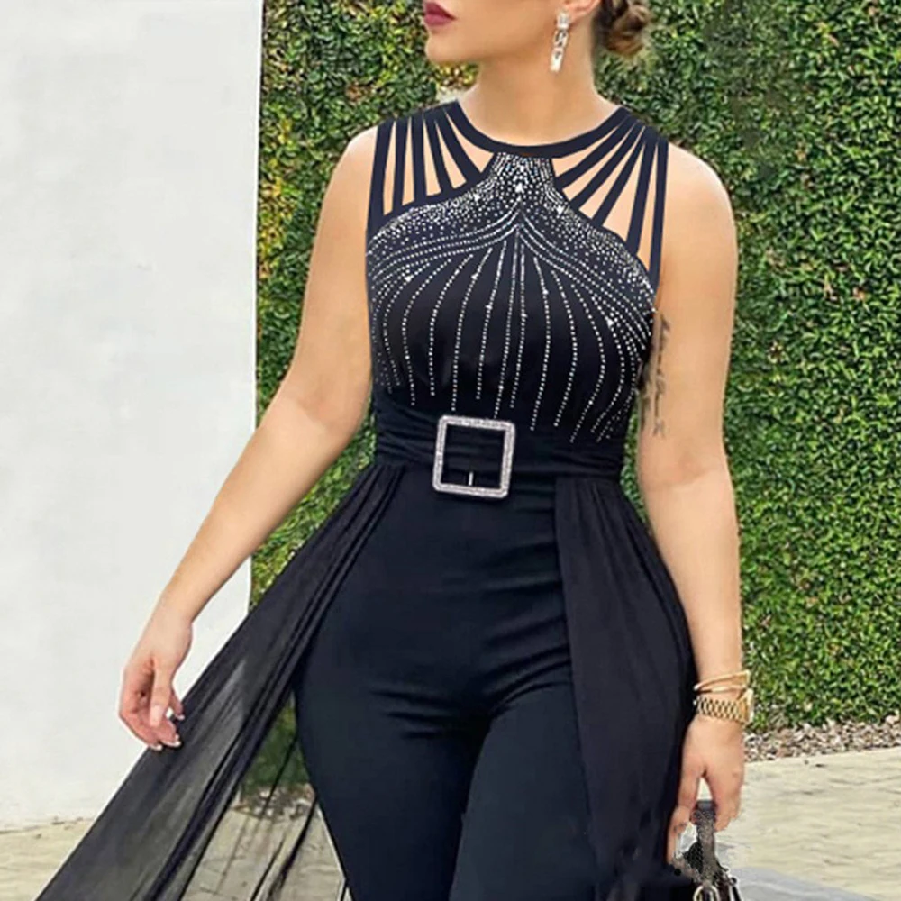 Женские комбинезоны с широкими штанинами, осень 2022, однотонные комбинезоны без рукавов с круглым вырезом до щиколотки и блестками