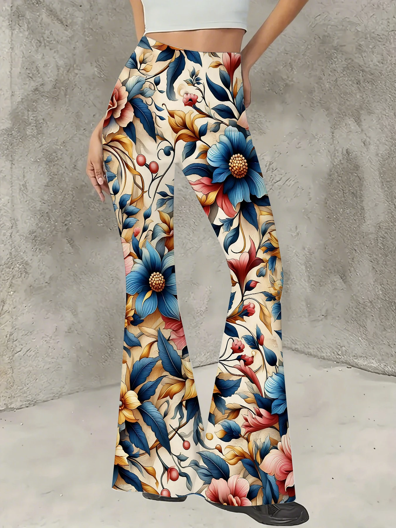 

Korean Style Printed Flare Pants Women High Waist Slim Fit Bell Bottom Leggings