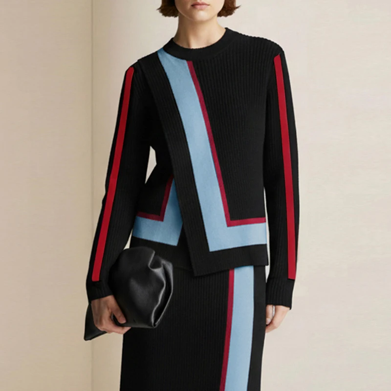 

Modigirl Women's Black Contrast Color Knitting Retro Sweater 2026 Asymmetric Split-joint Office Business Casual Top for Woman