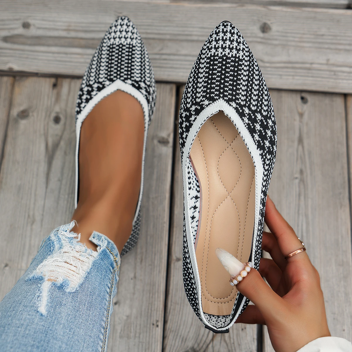 Fashion Elegant Knitted Ballet Flats Woman Point Toe Mesh Moccasins Ladies Big Size Leopard Loafers Soft Driving Shoes