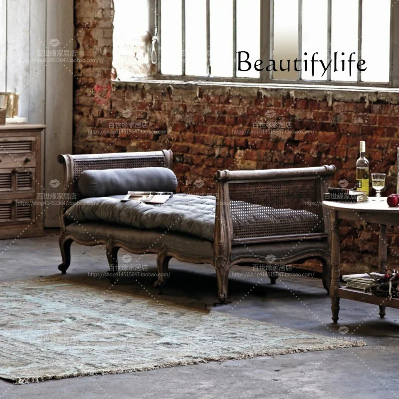 A44 American modern solid wood shoe changing stool rattan sofa bench retro bedroom end stool simple bed