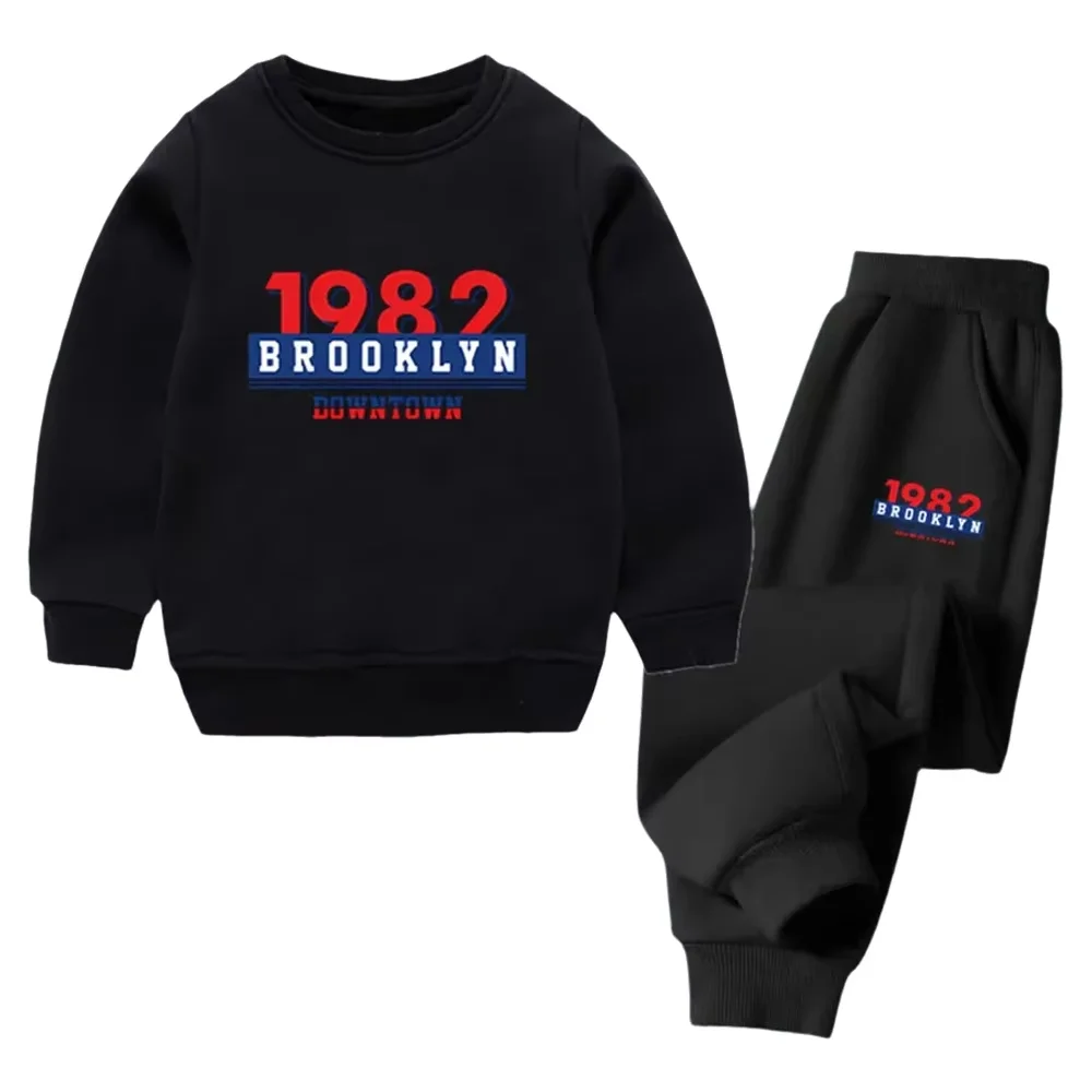 Vintage Brooklyn 1982 2-teiliges Outfit für Jungen, Sweatshirt mit Rundhalsausschnitt + Jogginghose, lässiger Sport-Trainingsanzug für Kinder, Größe 120–160
