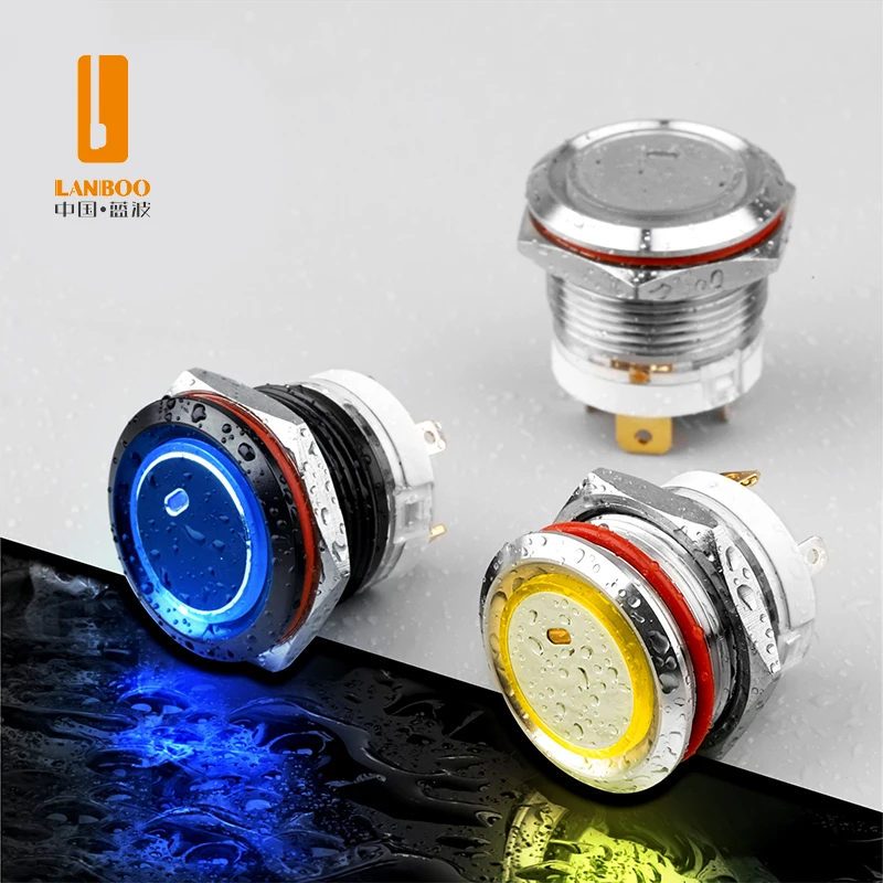 Lanboo Metal Pushbutton Switch 19mm, 16 amps, big current, waterproof IP65, customizable IP67, Latching or Momentary optional