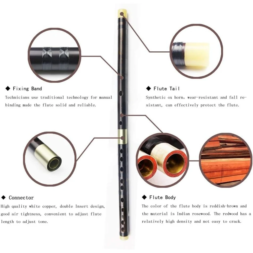 C Key Dizi Professional Rosewood Flute with Free Membrane & Glue & Protector Set Traditional Chinese Instrument Rosewood Flute