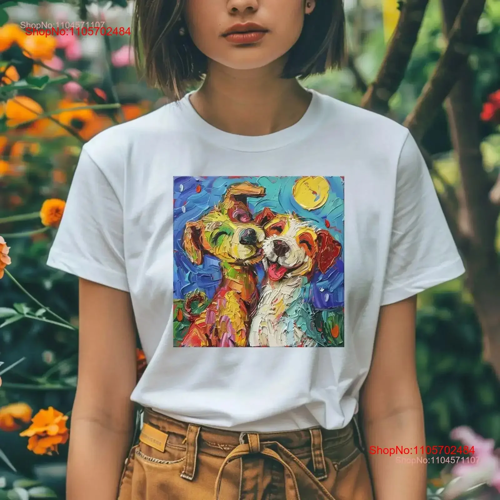 Dog Couple Painting T Shirt Naive Art Print Lover Cute Pet Design Idea vintage Washed Stylish Casual Slightly Versatile Unisex