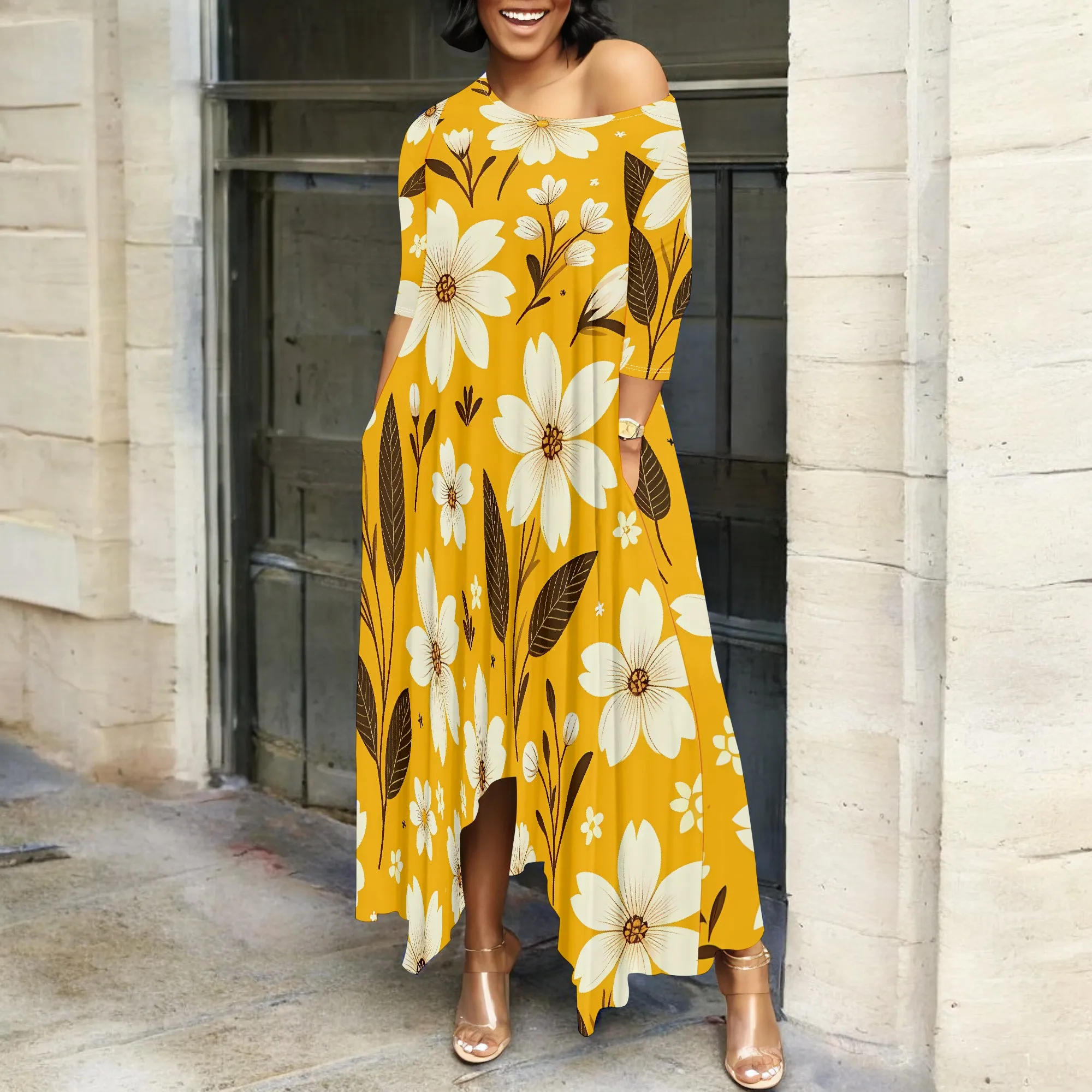 Nupusa Floral Print Dress for Women Standard Size Summer Casual Off - Shoulder Half Sleeve Maxi Dress