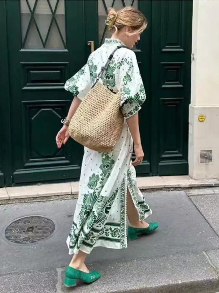 

New Women's Printed Casual Loose Single Breasted V-neck Lantern Sleeve Vacation Long Dress, Daily Commuting Office Long Dress