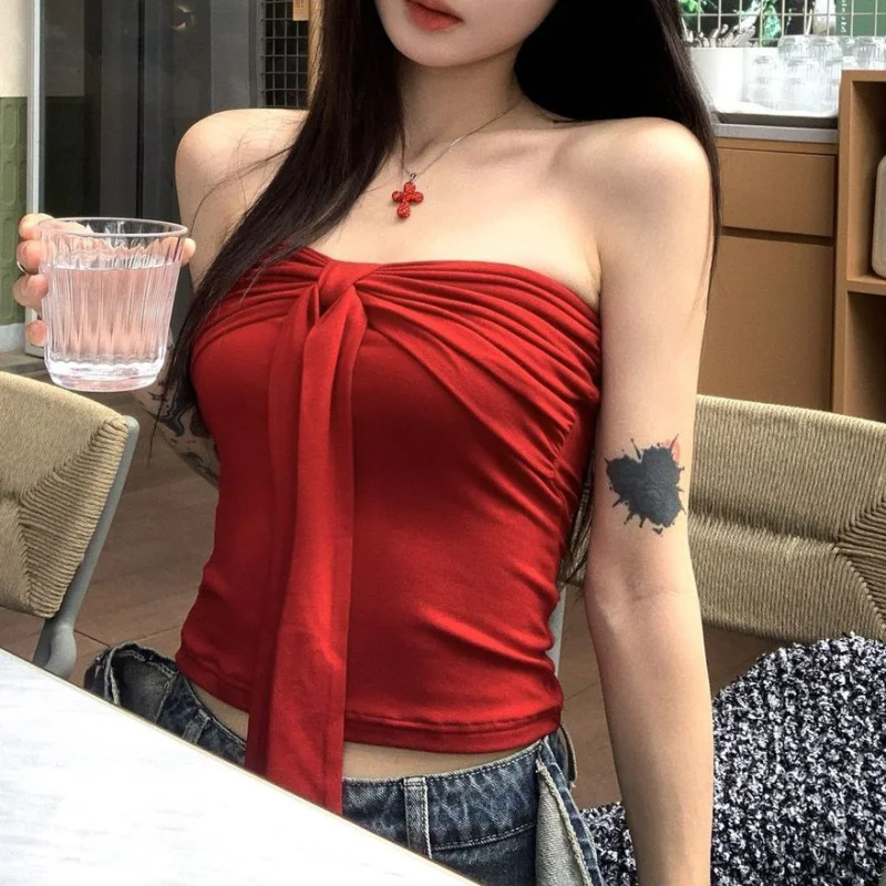 Sleeveless Top For Women Summer Slim Bow Crop Top Sexy Skinny Tube Tops Fashion Clothing Streetwear Girl