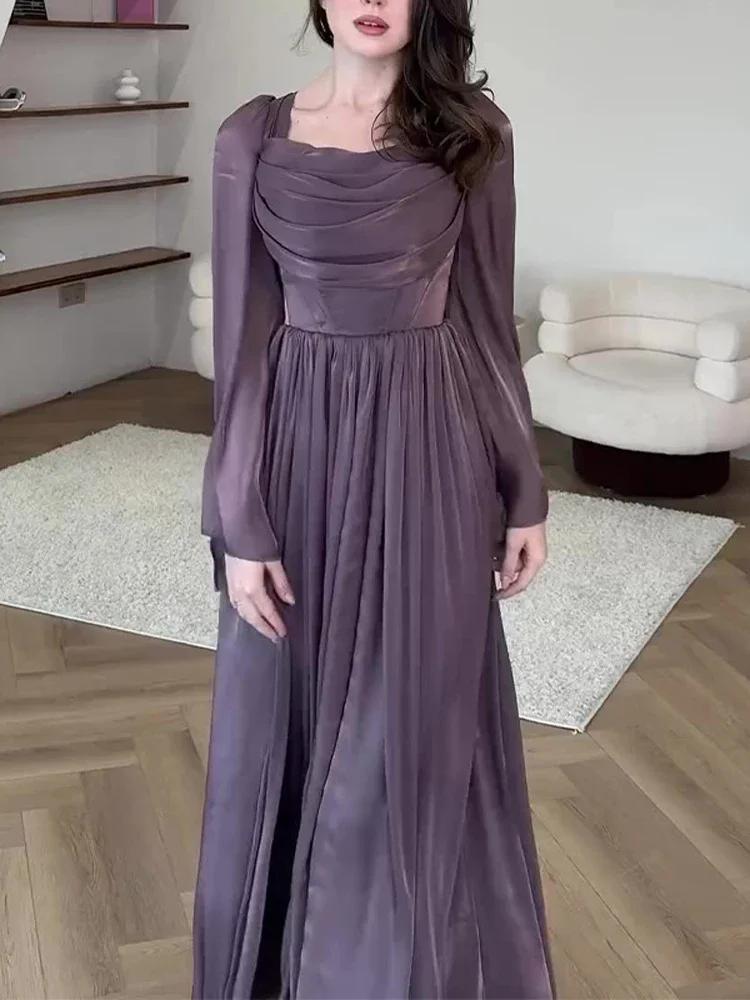 Elegant Satin Pleated Long Dress Women Summer Fashion Solid Color Sexy Slim Long Sleeve Party Dinner Dress Long Dress 2024