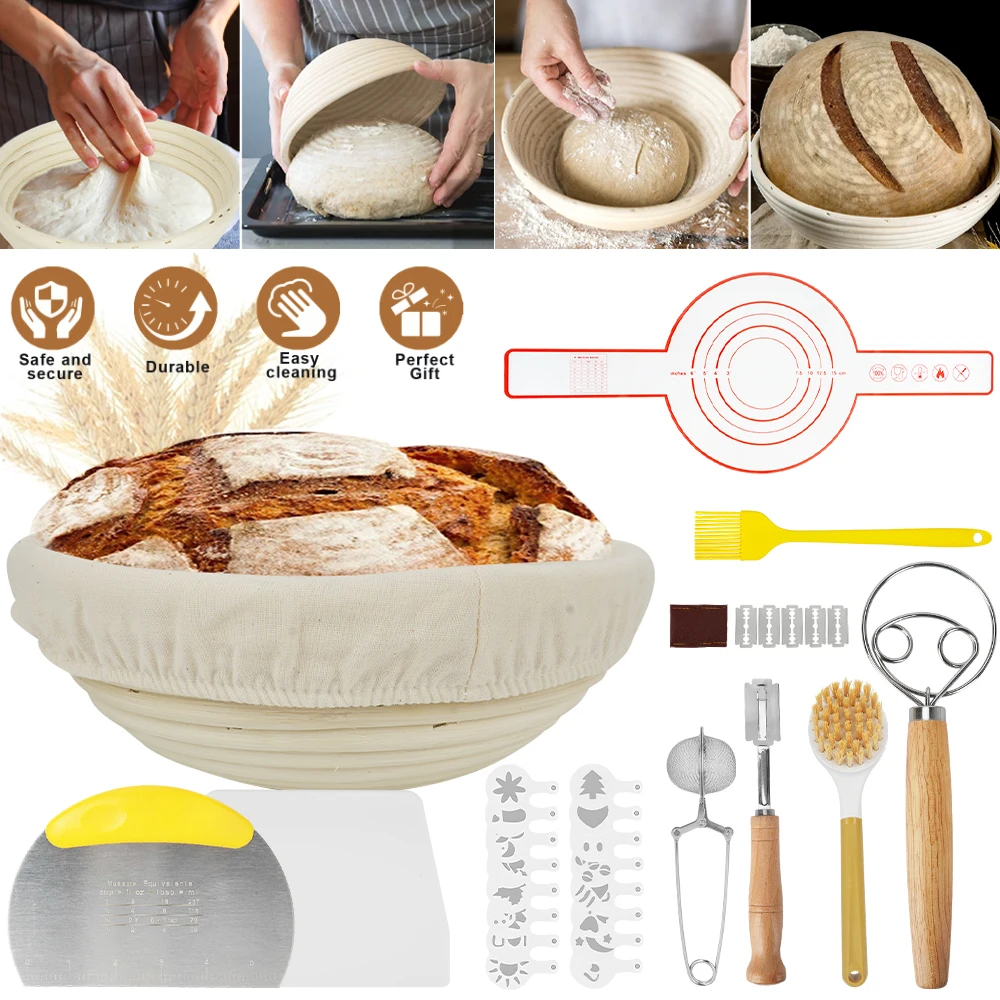 10-teiliges Gärkorb-Set zum Brotbacken, rundes Backwerkzeug mit 23 cm Gärkorb, Leinen-Backmatte für Bäcker-Anfänger