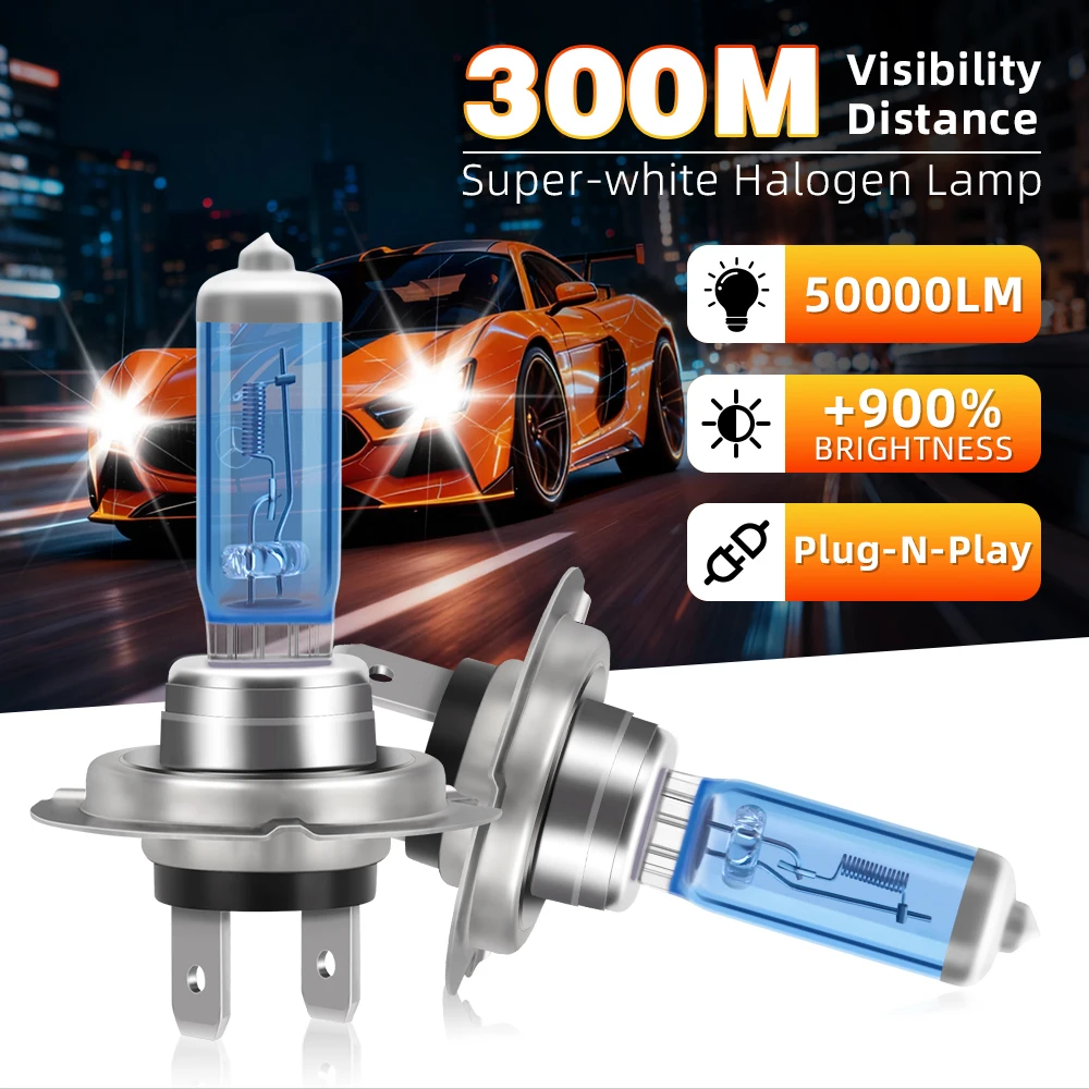 

H7 H11 Halogen Bulbs 50000LM High Bright H4 H1 9005 HB3 9006 HB4 9007 9012 H9 100W 6000K Car Headlight 880 5202 Auto Fog Lights