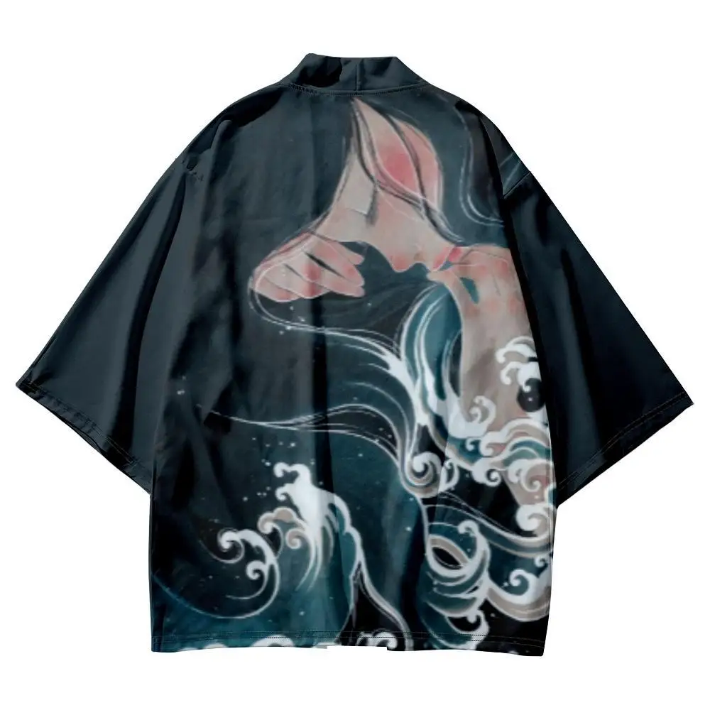 Summer Couple Women Men Japan Cartoon Printed Loose Cardigan Haori Yukata Casual Kimono Beach Shorts Streetwear