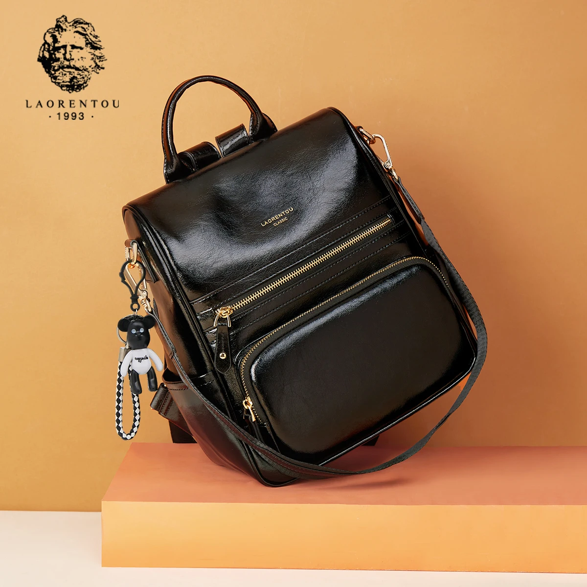 LAORENTOU Split Leather Backpack for Women 2025 New Fashion Casual Handbag Girl's School Bag Large Capacity with Small Pendant