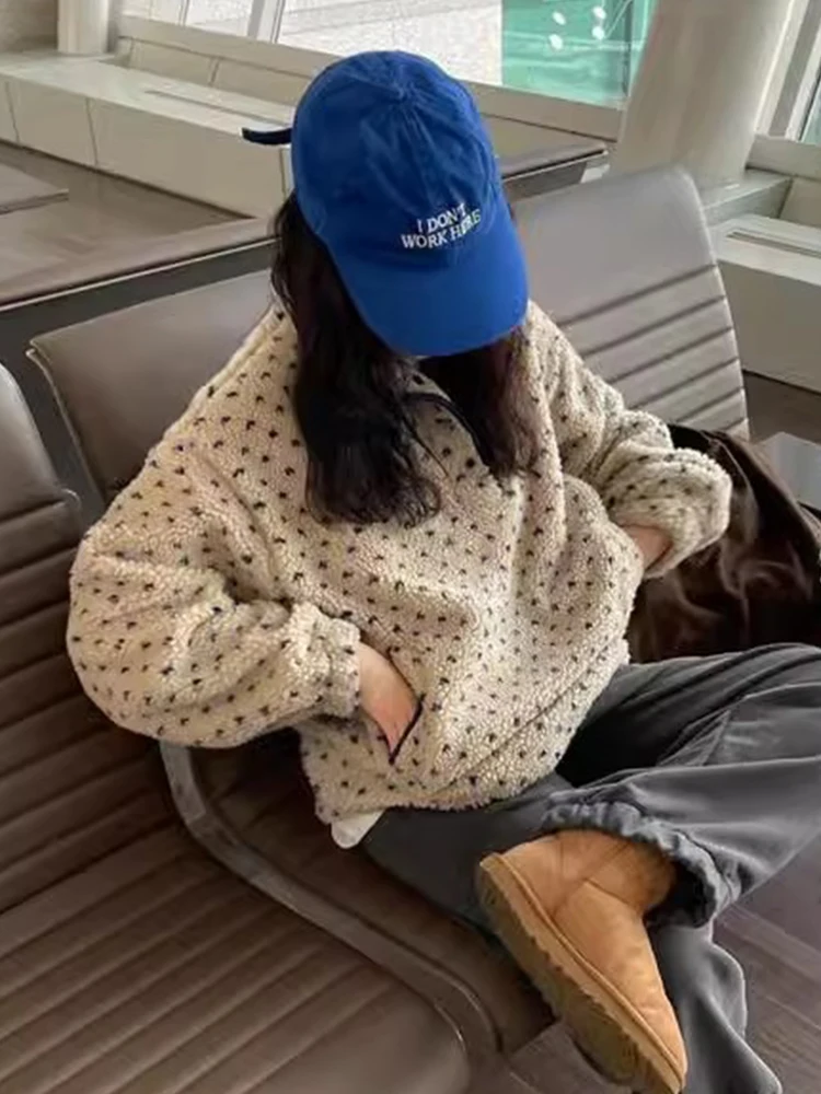 Chic Autumn Winter Soft Ageless Stand Collar Polka Dot Embroidery Loose Casual Long Sleeve Lamb Fur Sweatshirt Jacket Women