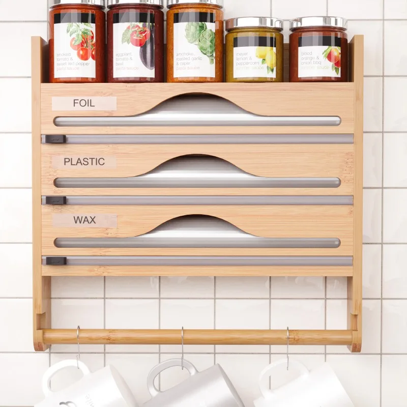 Image of Bambus Wandmontierter 3-in-1 Folien- und Frischhalteplastikspender Küchenorganizer mit Papierrollenhalter Gewürzregal Aufbewahrungsregal