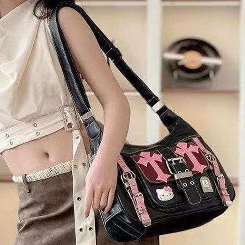 New Hello Kitty Black Large Capacity Handbag Original Niche Leather Bag Black Pink Contrasting Crossbody Bag Portable Girl Gift