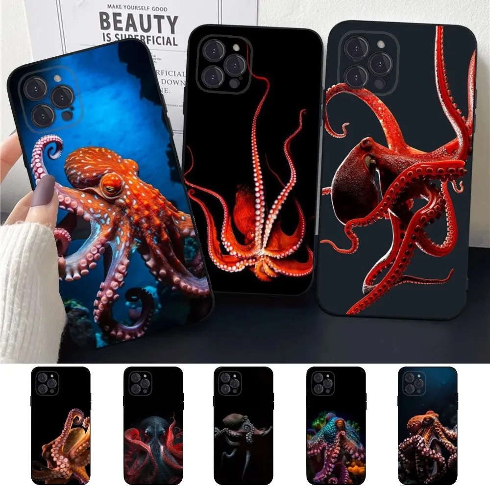 Marine Life Ocean Octopus   Phone Case For Apple iPhone 15,14,13,12,11,XS,XR,X,8,7,Pro,Max,Plus,mini Silicone Black Cover