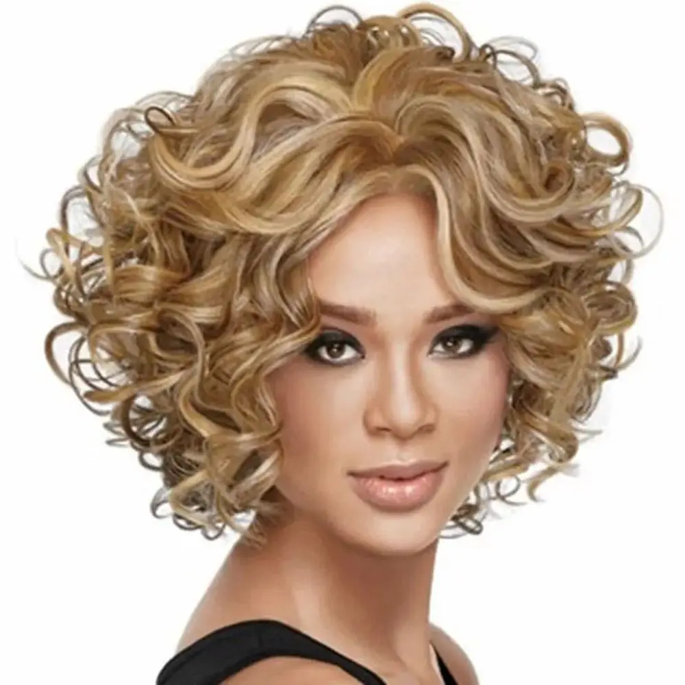 

Women's Wig Blonde Short Curly Hair Full Headband High Temperature Fiber Synthetic Wigs Pelucas Hair Daily Party Use