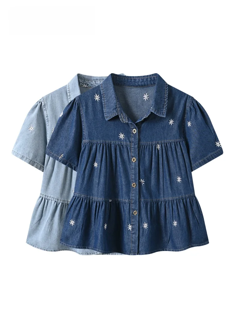 

plus Size Denim Short Sleeve Shirt Women Summer New Style Vintage Slimming Trendy Top for Plump Sister Loose Fit Casual Shirt